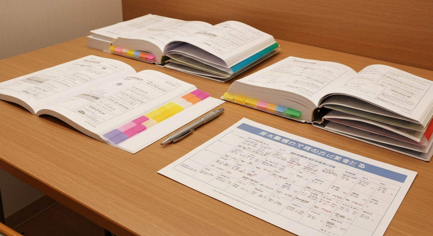 整然と並んだ学習塾のテキストや教材。各学年のコースカリキュラムを象徴する学習環境