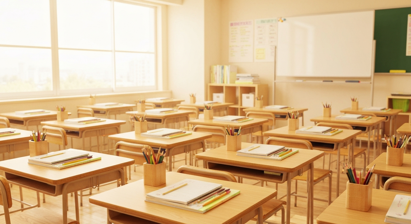 寺脇学習塾の小学生コース。明るい教室で学習に取り組む小学生のイメージ