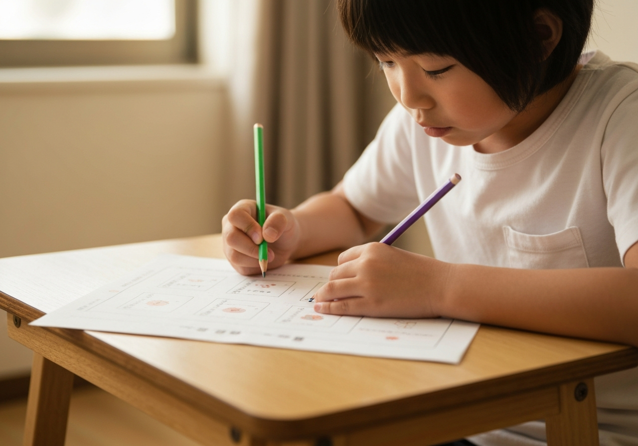 小学生が教科書とノートで算数の練習問題に取り組む様子