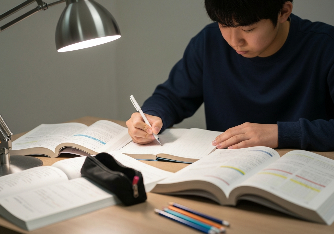 中学生が定期テスト対策の問題集を解いている様子