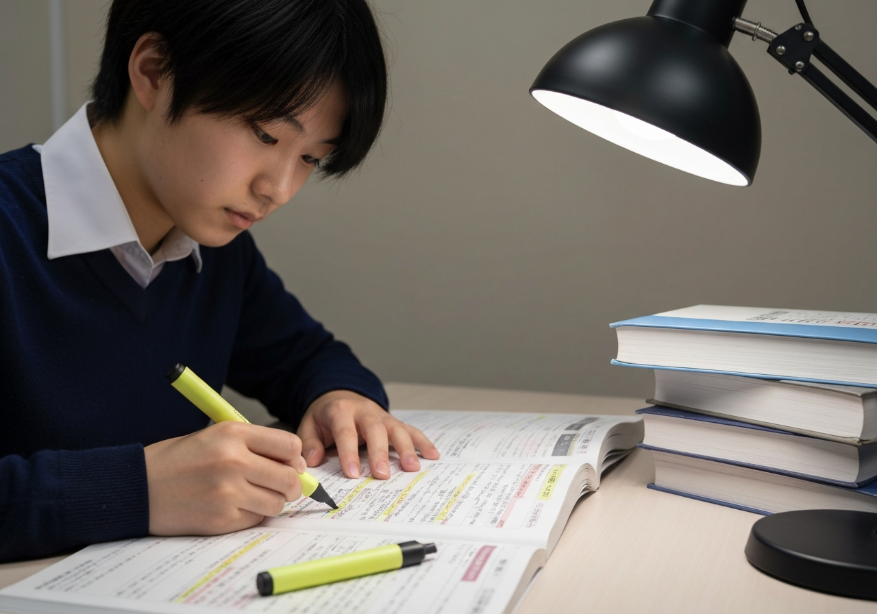 高校生が大学入試対策の参考書に真剣に取り組む様子